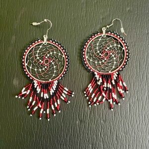 Handcrafted Beaded Dreamcatcher Earrings - Red and Black